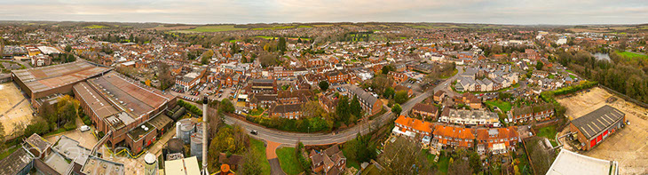 Aerial panorama of former brewery